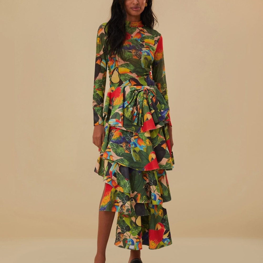 Bird Leaves Sand Tiered Bow Detail Maxi Skirt